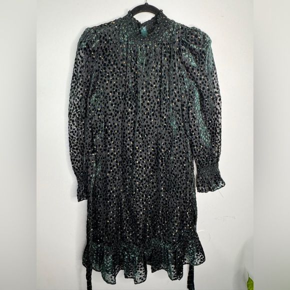 Alex Marie Emerald Green Victorian Feminine High Neck Holiday Dress| Size 12 - Picture 7 of 13